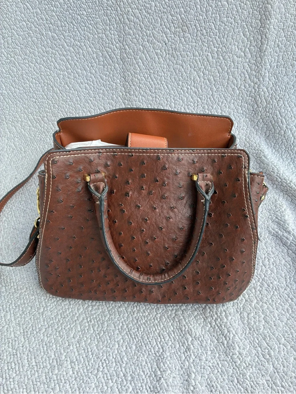 Brown Ostrich-Texture Satchel with Gold Lock Detail